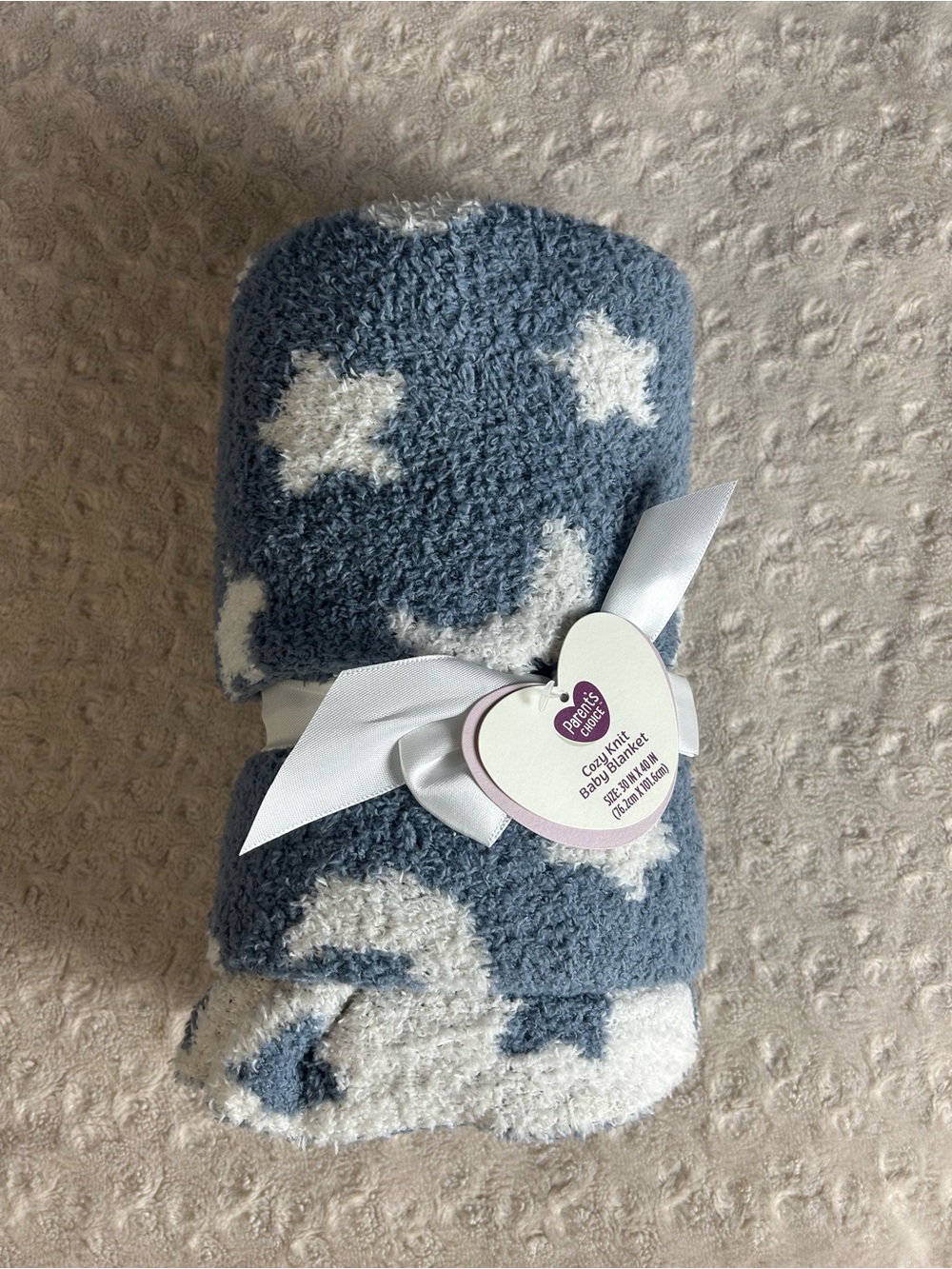 Parent's Choice Blue White Moon Stars Baby Blanket Chenille Cozy Knit Soft Lovey